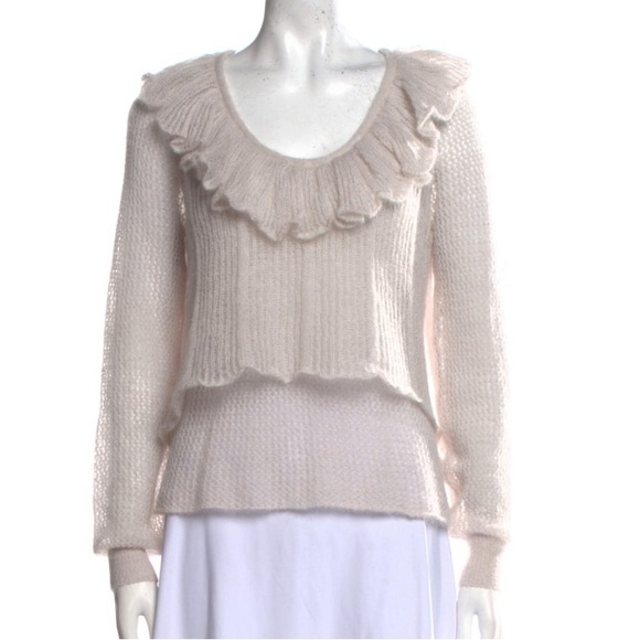 See By Chloe Sweaters - See by Chloe ruffled, scoop neck mohair sweater in light grey w/ pink undertones
